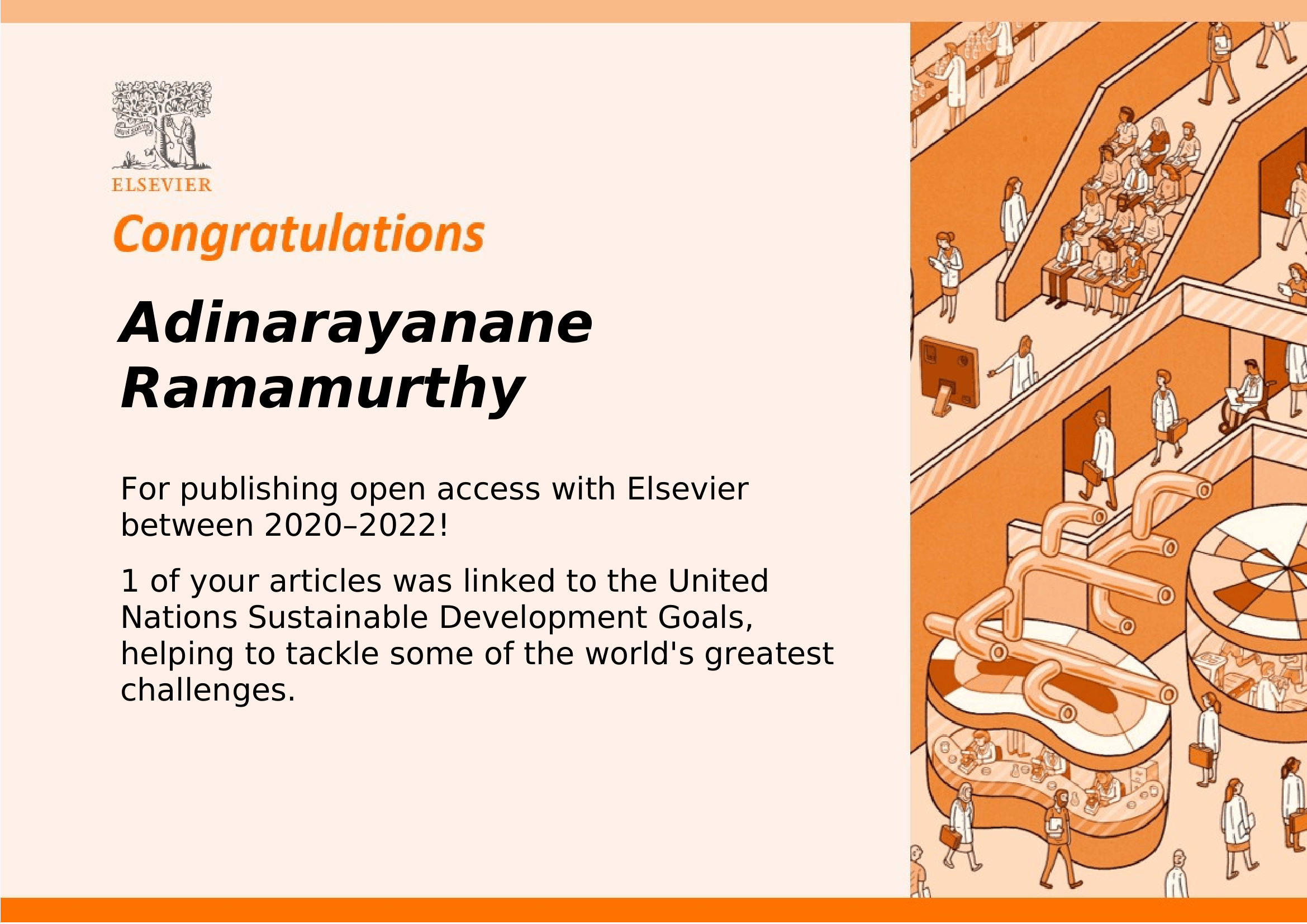 Elsevier Open Access Award Certificate issued to Dr. Adinarayanane R for the period 2020-2022